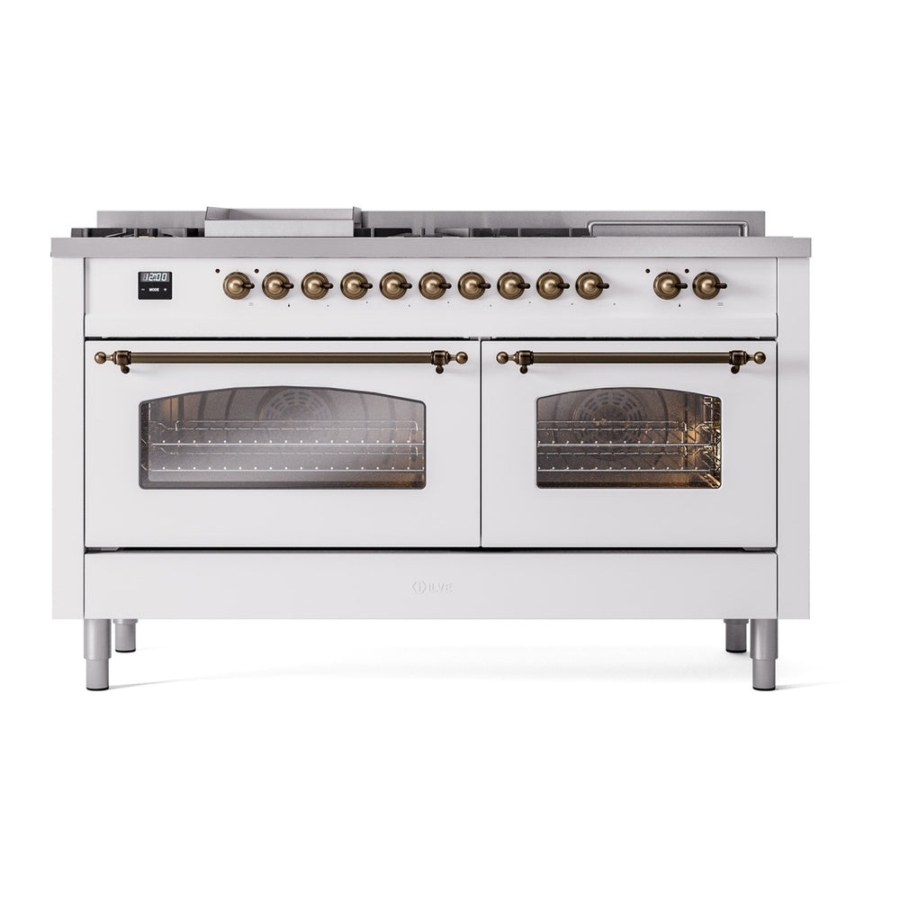 ILVE Nostalgie II 60" White Dual Fuel Range with 7 Burners, Griddle and French Top Triple Glass Door Natural Gas