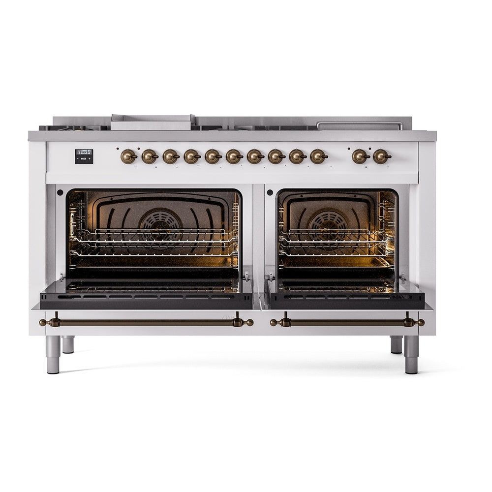 ILVE Nostalgie II 60" White Dual Fuel Range with 7 Burners, Griddle and French Top Triple Glass Door Natural Gas
