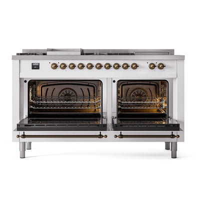 ILVE Nostalgie II 60" White Dual Fuel Range with 7 Burners, Griddle and French Top Triple Glass Door Natural Gas