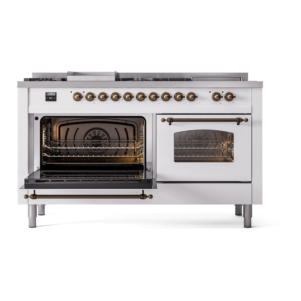 ILVE Nostalgie II 60" White Dual Fuel Range with 7 Burners, Griddle and French Top Triple Glass Door Natural Gas