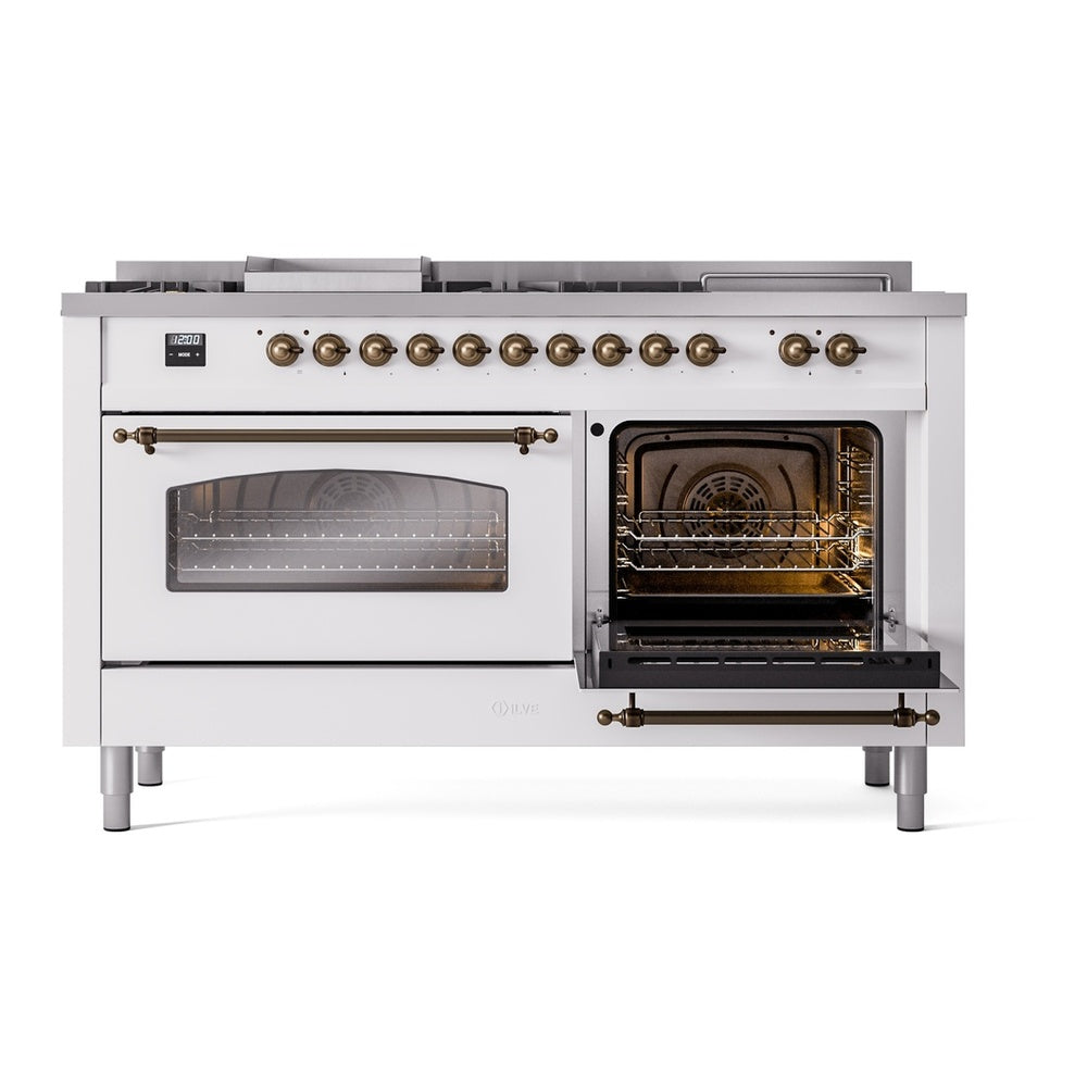 ILVE Nostalgie II 60" White Dual Fuel Range with 7 Burners, Griddle and French Top Triple Glass Door Natural Gas