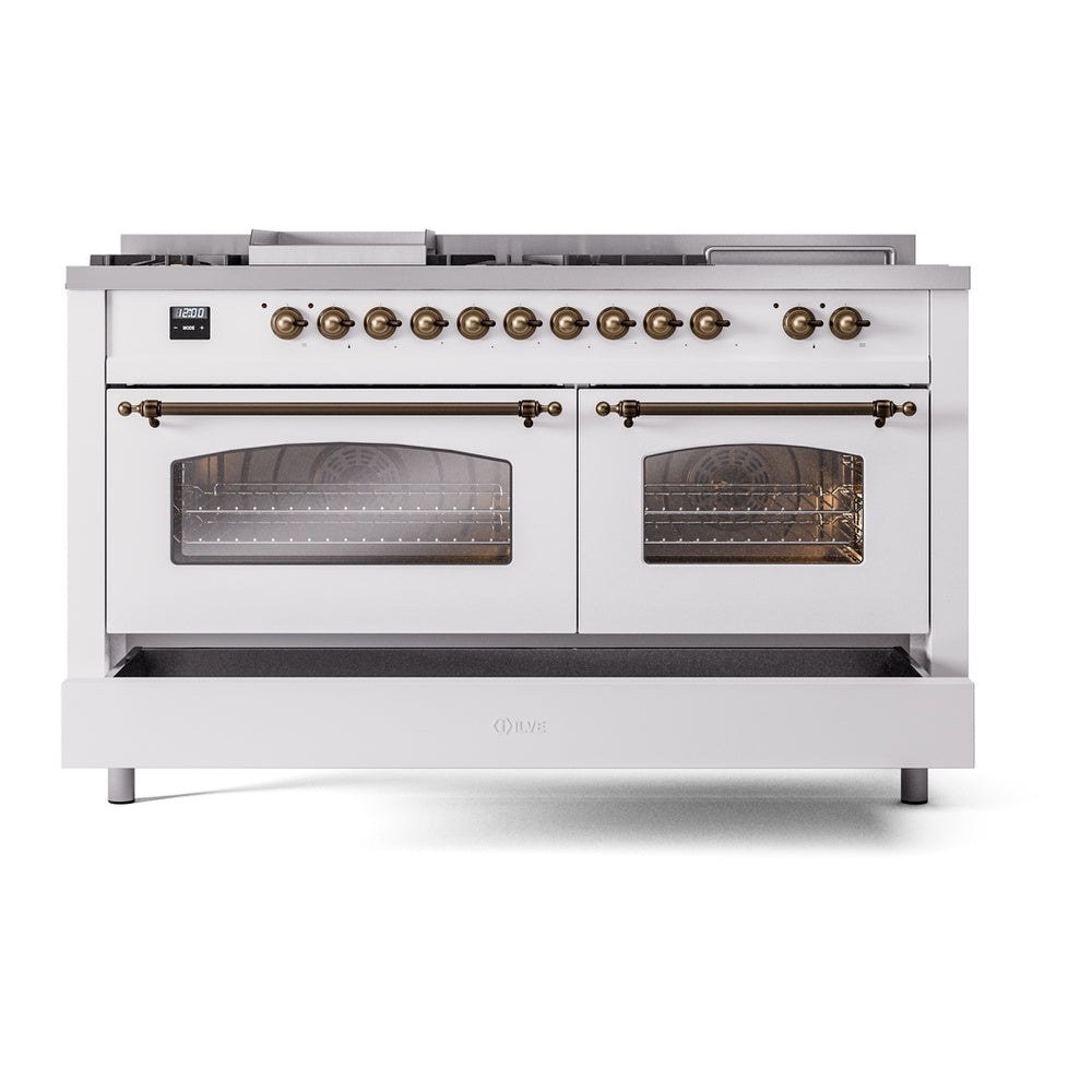 ILVE Nostalgie II 60" White Dual Fuel Range with 7 Burners, Griddle and French Top Triple Glass Door Natural Gas