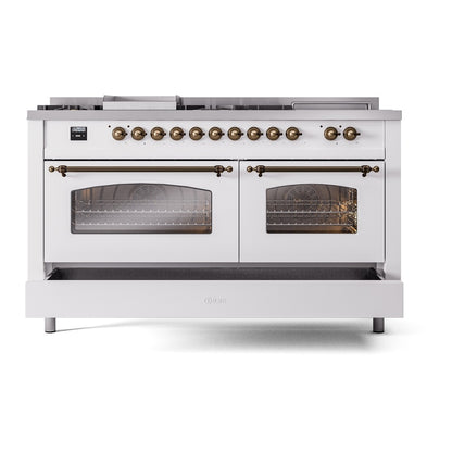 ILVE Nostalgie II 60" White Dual Fuel Range with 7 Burners, Griddle and French Top Triple Glass Door Natural Gas