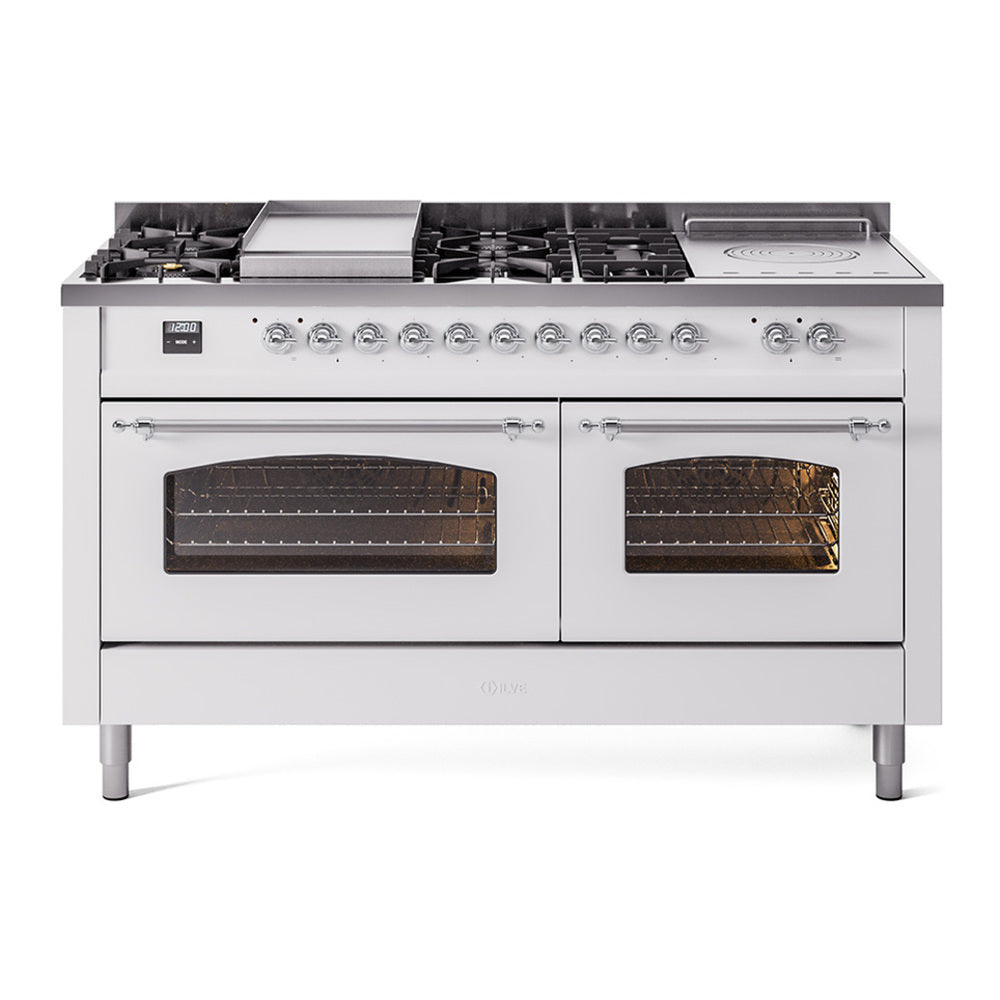ILVE Nostalgie II 60" White Dual Fuel Range with 7 Burners, Griddle and French Top Triple Glass Door Natural Gas