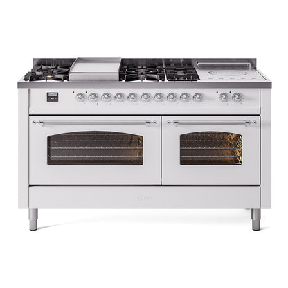 ILVE Nostalgie II 60" White Dual Fuel Range with 7 Burners, Griddle and French Top Triple Glass Door Natural Gas