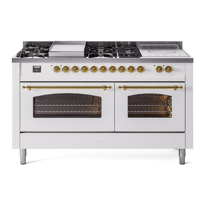 ILVE Nostalgie II 60" White Dual Fuel Range with 7 Burners, Griddle and French Top Triple Glass Door Natural Gas