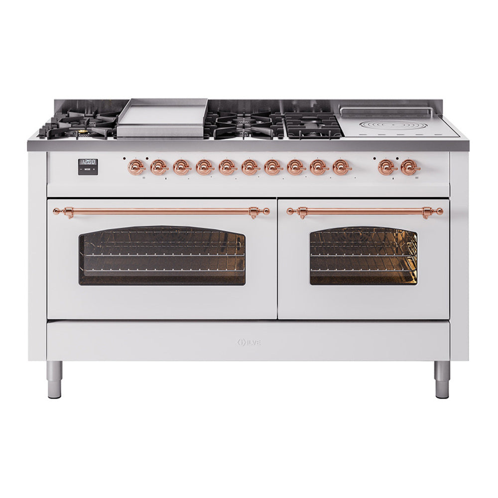 ILVE Nostalgie II 60" White Dual Fuel Range with 7 Burners, Griddle and French Top Triple Glass Door Natural Gas