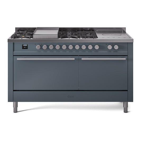 ILVE Professional Plus II 60" Dual Fuel Range with 7 Burners, Griddle and French Top Solid Door Liquid Propane