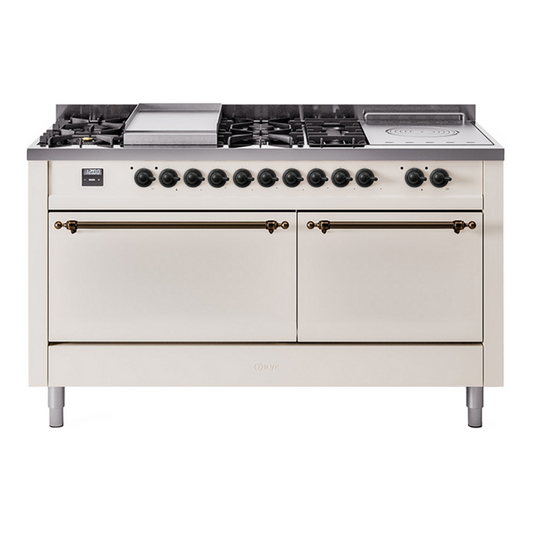 ILVE Nostalgie II 60" Antique White Dual Fuel Range with 7 Burners, Griddle and French Top Solid Door Liquid Propane