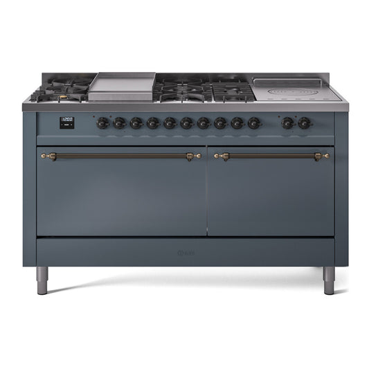ILVE Nostalgie II 60" Blue Grey Dual Fuel Range with 7 Burners, Griddle and French Top Solid Door Liquid Propane