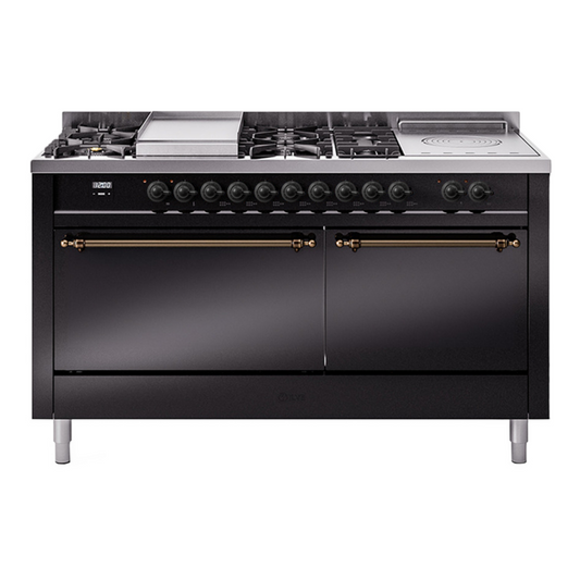 ILVE Nostalgie II 60" Glossy Black Dual Fuel Range with 7 Burners, Griddle and French Top Solid Door Liquid Propane