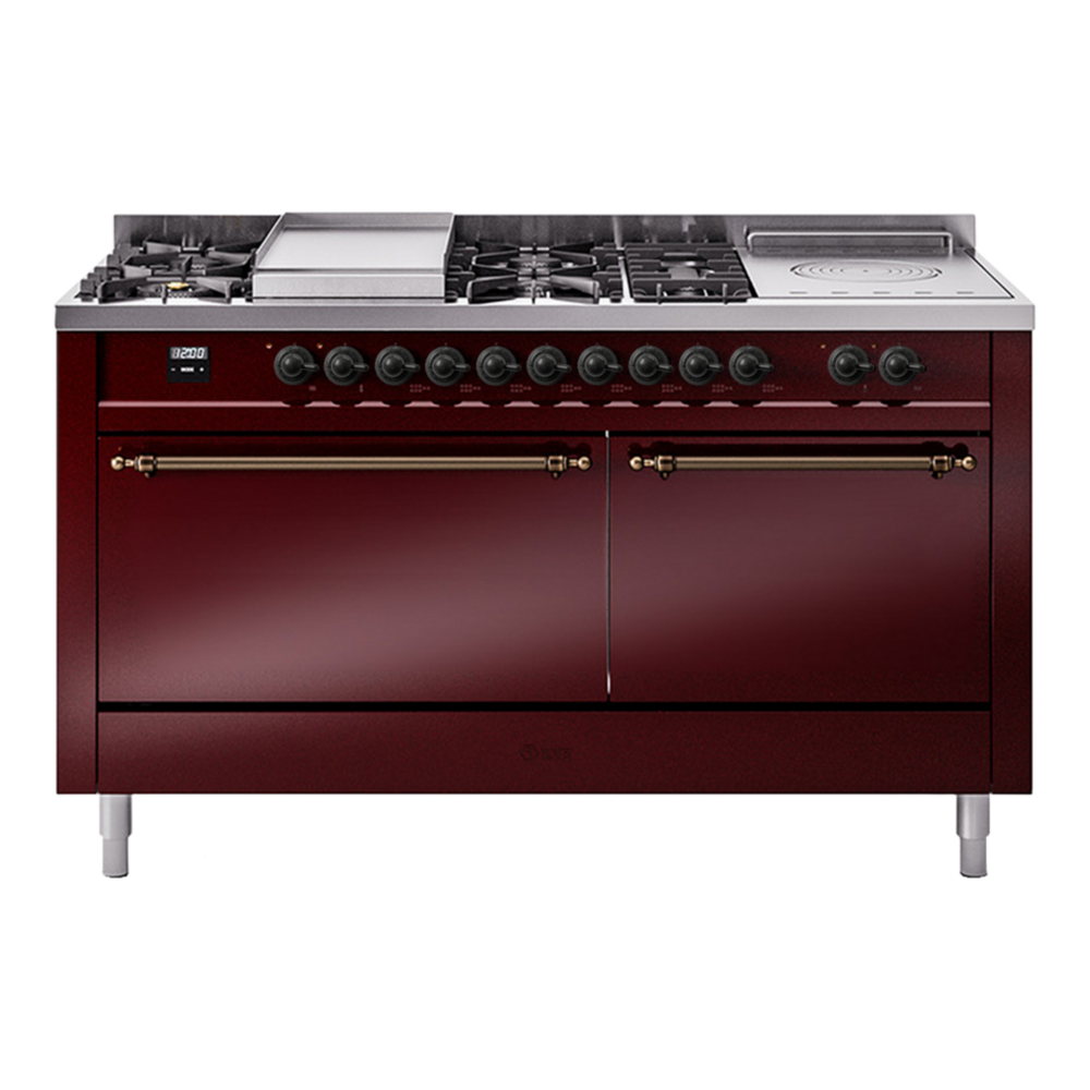 ILVE Nostalgie II 60" Burgundy Dual Fuel Range with 7 Burners, Griddle and French Top Solid Door Natural Gas