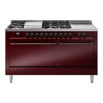 ILVE Nostalgie II 60" Burgundy Dual Fuel Range with 7 Burners, Griddle and French Top Solid Door Natural Gas
