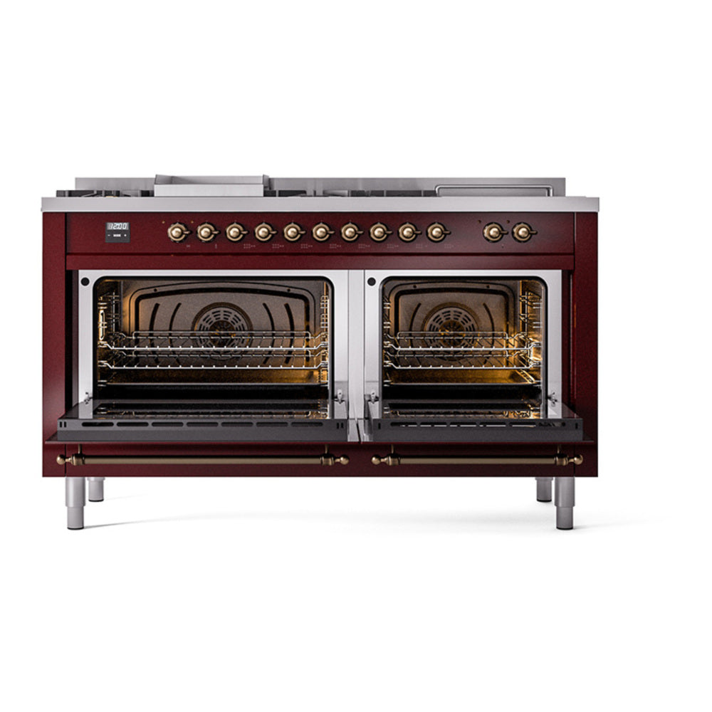 ILVE Nostalgie II 60" Burgundy Dual Fuel Range with 7 Burners, Griddle and French Top Solid Door Natural Gas