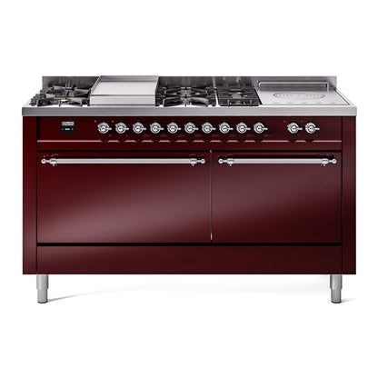 ILVE Nostalgie II 60" Burgundy Dual Fuel Range with 7 Burners, Griddle and French Top Solid Door Natural Gas