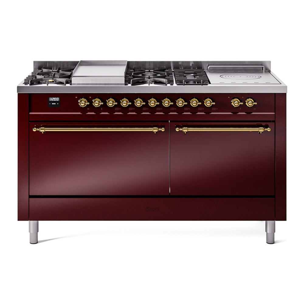 ILVE Nostalgie II 60" Burgundy Dual Fuel Range with 7 Burners, Griddle and French Top Solid Door Natural Gas