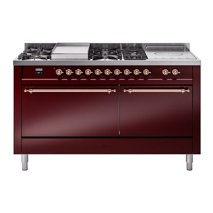 ILVE Nostalgie II 60" Burgundy Dual Fuel Range with 7 Burners, Griddle and French Top Solid Door Natural Gas