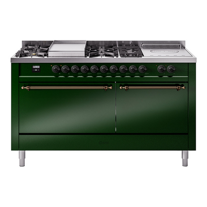 ILVE Nostalgie II 60" Emerald Green Dual Fuel Range with 7 Burners, Griddle and French Top Solid Door Liquid Propane