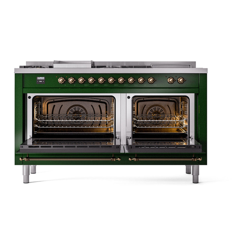 ILVE Nostalgie II 60" Emerald Green Dual Fuel Range with 7 Burners, Griddle and French Top Solid Door Liquid Propane