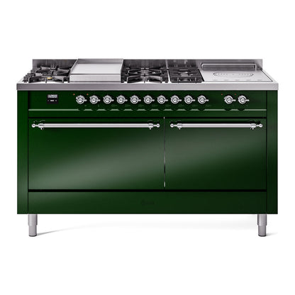 ILVE Nostalgie II 60" Emerald Green Dual Fuel Range with 7 Burners, Griddle and French Top Solid Door Liquid Propane