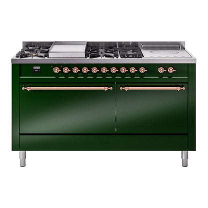 ILVE Nostalgie II 60" Emerald Green Dual Fuel Range with 7 Burners, Griddle and French Top Solid Door Liquid Propane