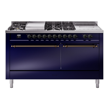 ILVE Nostalgie II 60" Midnight Blue Dual Fuel Range with 7 Burners, Griddle and French Top Solid Door Natural Gas