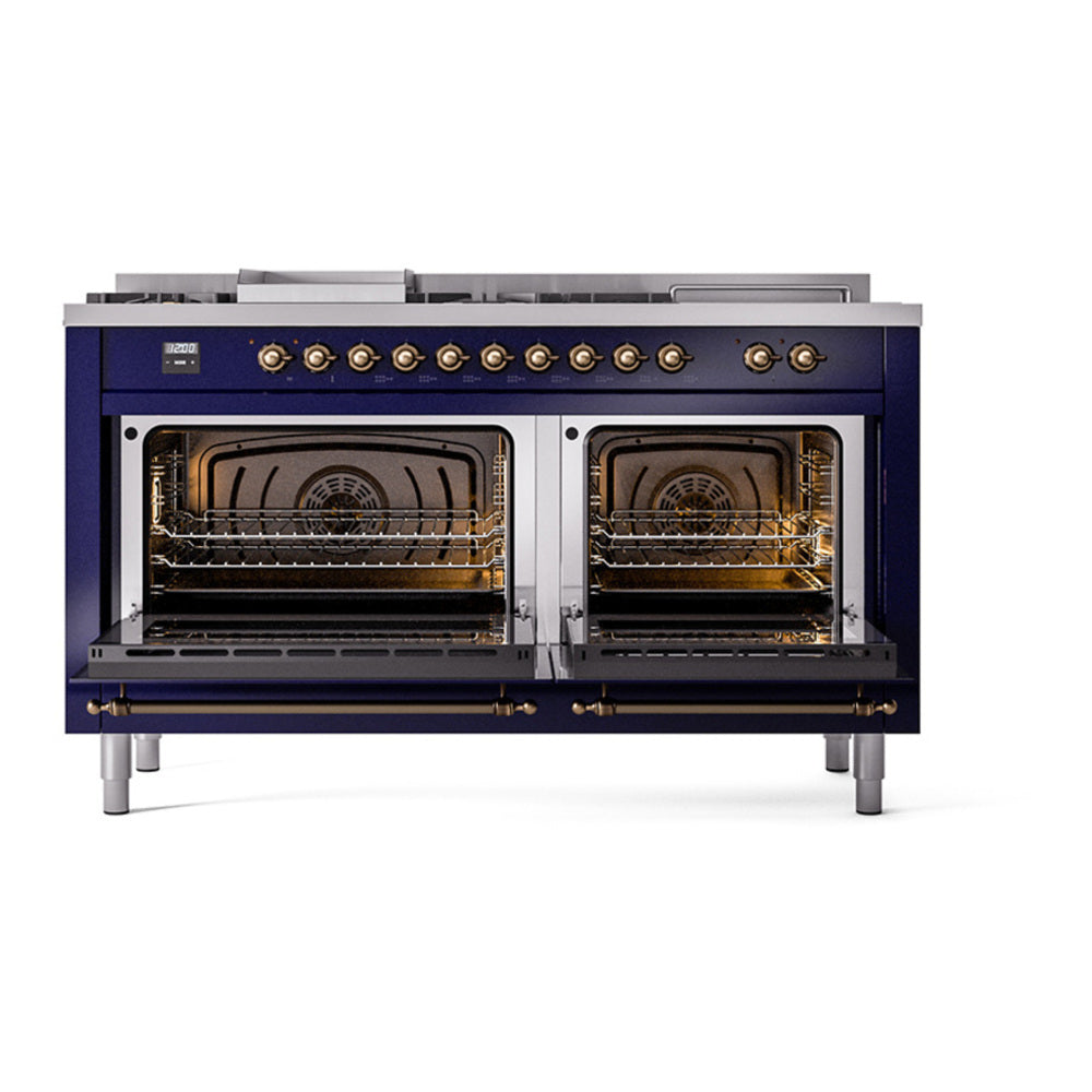 ILVE Nostalgie II 60" Midnight Blue Dual Fuel Range with 7 Burners, Griddle and French Top Solid Door Natural Gas