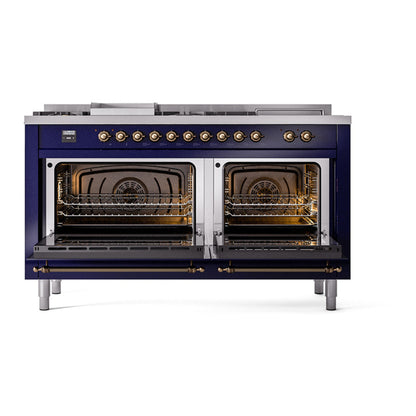 ILVE Nostalgie II 60" Midnight Blue Dual Fuel Range with 7 Burners, Griddle and French Top Solid Door Natural Gas