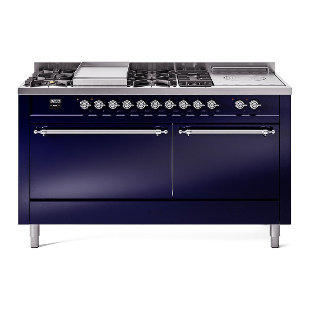 ILVE Nostalgie II 60" Midnight Blue Dual Fuel Range with 7 Burners, Griddle and French Top Solid Door Natural Gas