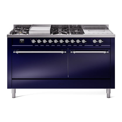 ILVE Nostalgie II 60" Midnight Blue Dual Fuel Range with 7 Burners, Griddle and French Top Solid Door Natural Gas