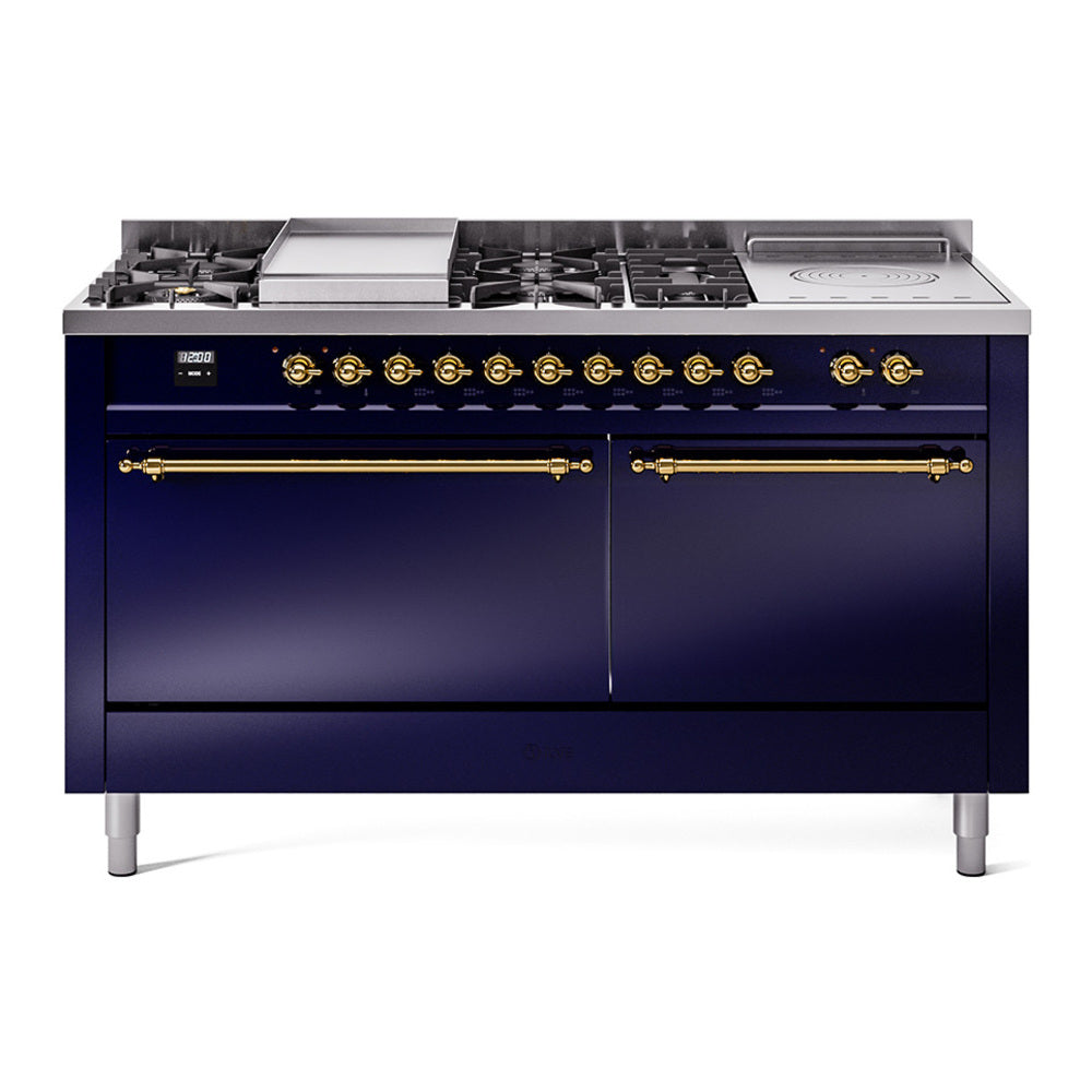 ILVE Nostalgie II 60" Midnight Blue Dual Fuel Range with 7 Burners, Griddle and French Top Solid Door Natural Gas