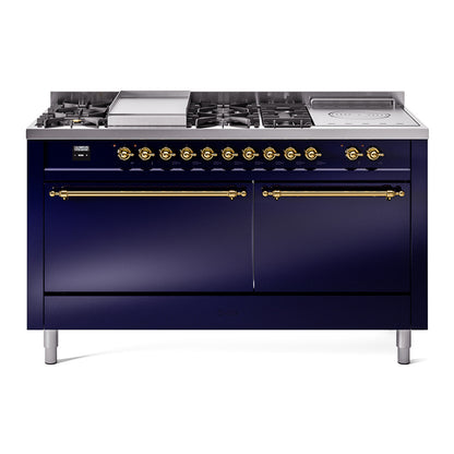 ILVE Nostalgie II 60" Midnight Blue Dual Fuel Range with 7 Burners, Griddle and French Top Solid Door Natural Gas