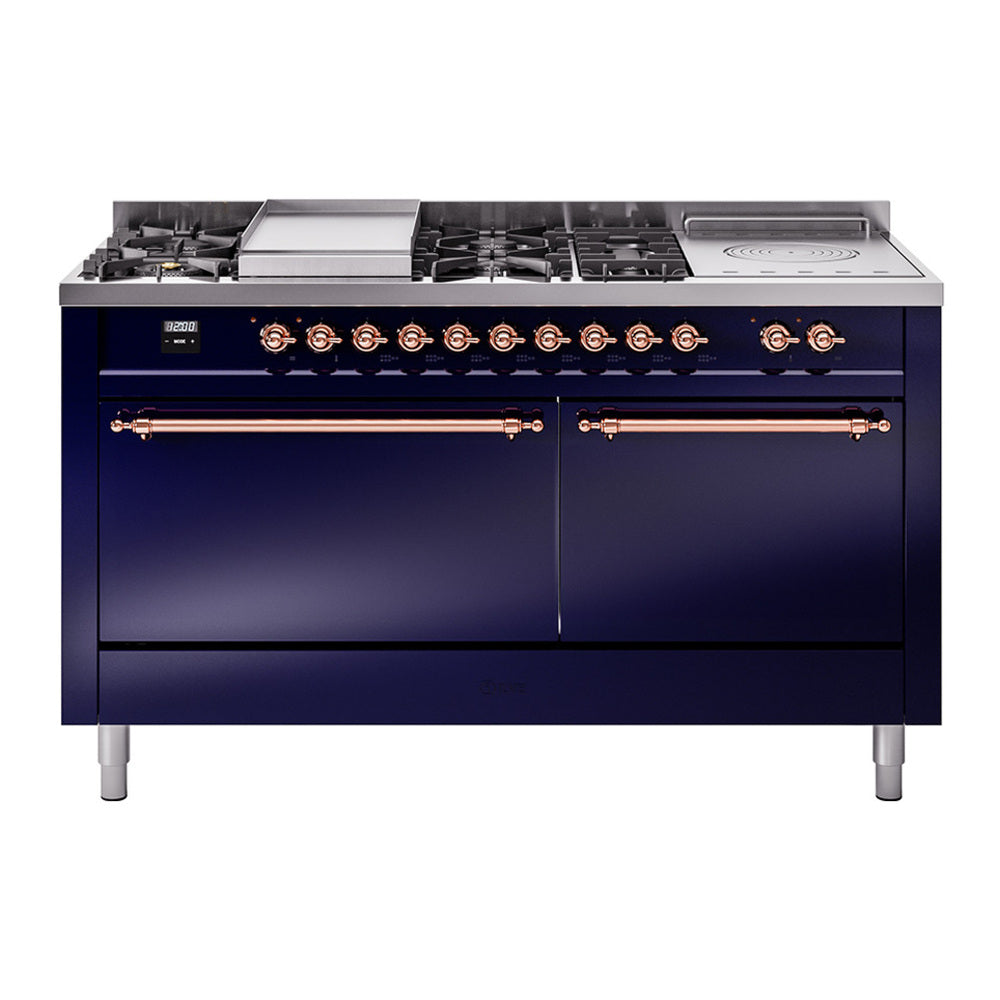 ILVE Nostalgie II 60" Midnight Blue Dual Fuel Range with 7 Burners, Griddle and French Top Solid Door Natural Gas