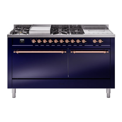 ILVE Nostalgie II 60" Midnight Blue Dual Fuel Range with 7 Burners, Griddle and French Top Solid Door Natural Gas