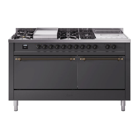 ILVE Nostalgie II 60" Graphite Matte Dual Fuel Range with 7 Burners, Griddle and French Top Solid Door Liquid Propane