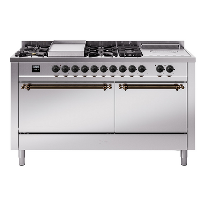 ILVE Nostalgie II 60" Stainless Steel Dual Fuel Range with 7 Burners, Griddle and French Top Solid Door Liquid Propane