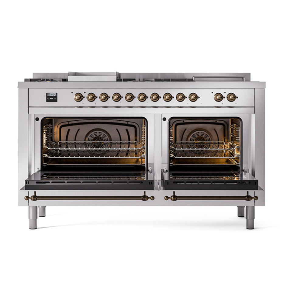 ILVE Nostalgie II 60" Stainless Steel Dual Fuel Range with 7 Burners, Griddle and French Top Solid Door Liquid Propane