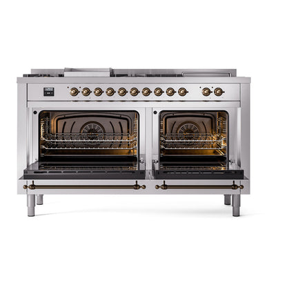 ILVE Nostalgie II 60" Stainless Steel Dual Fuel Range with 7 Burners, Griddle and French Top Solid Door Liquid Propane