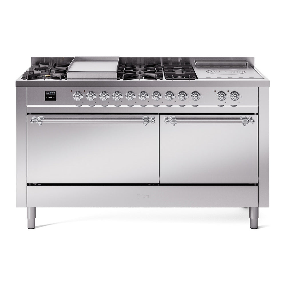ILVE Nostalgie II 60" Stainless Steel Dual Fuel Range with 7 Burners, Griddle and French Top Solid Door Liquid Propane