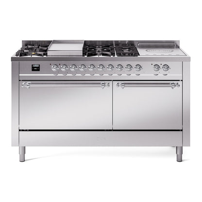 ILVE Nostalgie II 60" Stainless Steel Dual Fuel Range with 7 Burners, Griddle and French Top Solid Door Liquid Propane