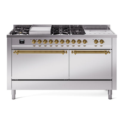 ILVE Nostalgie II 60" Stainless Steel Dual Fuel Range with 7 Burners, Griddle and French Top Solid Door Liquid Propane