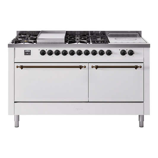 ILVE Nostalgie II 60" White Dual Fuel Range with 7 Burners, Griddle and French Top Solid Door Liquid Propane