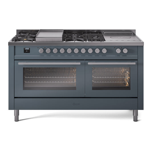 ILVE Professional Plus II 60" Dual Fuel Range with 7 Burners, Griddle and French Top Triple Glass Door Liquid Propane