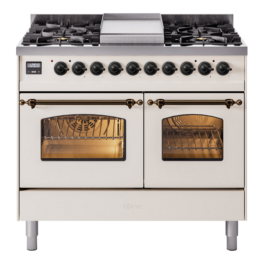 ILVE Nostalgie II 40" Antique White Dual Fuel Range with 6 Burners and Griddle Triple Glass Door Liquid Propane