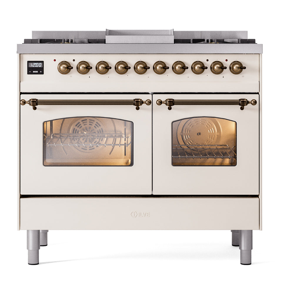 ILVE Nostalgie II 40" Antique White Dual Fuel Range with 6 Burners and Griddle Triple Glass Door Liquid Propane