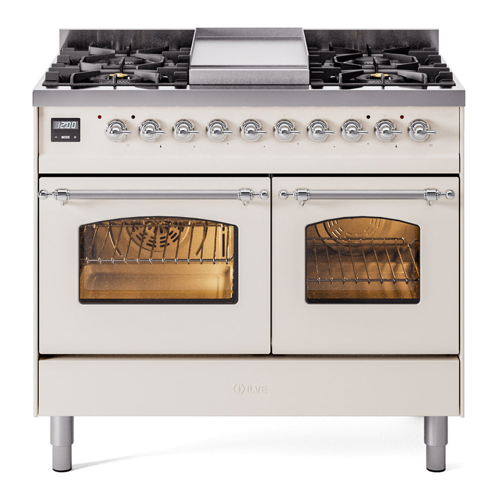 ILVE Nostalgie II 40" Antique White Dual Fuel Range with 6 Burners and Griddle Triple Glass Door Liquid Propane