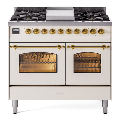 ILVE Nostalgie II 40" Antique White Dual Fuel Range with 6 Burners and Griddle Triple Glass Door Liquid Propane