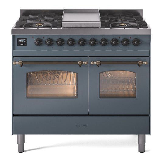 ILVE Nostalgie II 40" Blue Grey Dual Fuel Range with 6 Burners and Griddle Triple Glass Door Liquid Propane