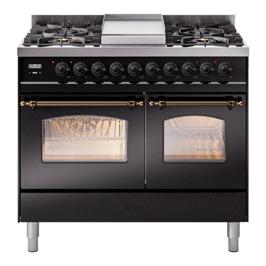 ILVE Nostalgie II 40" Glossy Black Dual Fuel Range with 6 Burners and Griddle Triple Glass Door Liquid Propane
