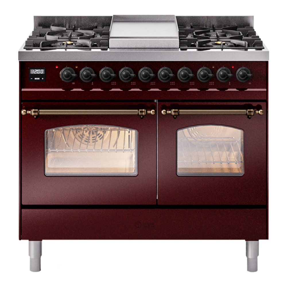 ILVE Nostalgie II 40" Burgundy Dual Fuel Range with 6 Burners and Griddle Triple Glass Door Natural Gas